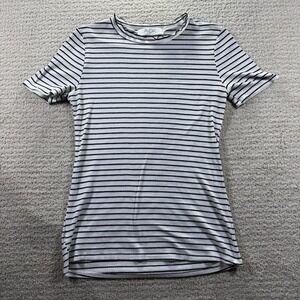 AOL Coevolution Women's Medium White & Black Striped Ribbed Short Sleeve